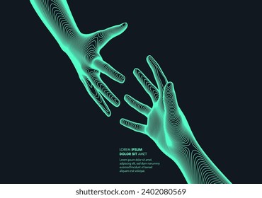 Hands reaching towards each other. Concept of human relation, togetherness or  partnership. 3D vector illustration. Can be used for advertising, marketing or presentation.