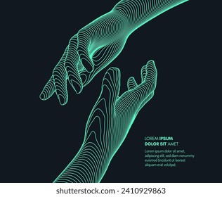 Hands reaching towards each other. Concept of human relation, togetherness or  partnership. 3D vector illustration. Can be used for advertising, marketing or presentation.