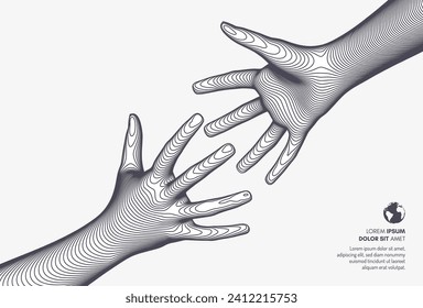 Hands reaching towards each other. Concept of human relation, togetherness or  partnership. 3D vector illustration. Can be used for advertising, marketing or presentation.