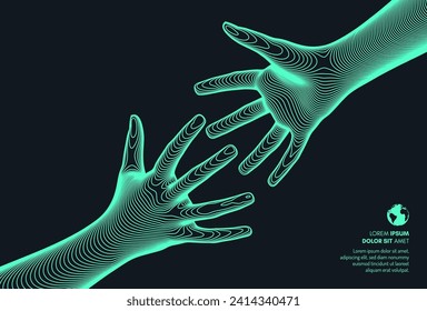 Hands reaching towards each other. Concept of human relation, togetherness or  partnership. 3D vector illustration. Can be used for advertising, marketing or presentation.