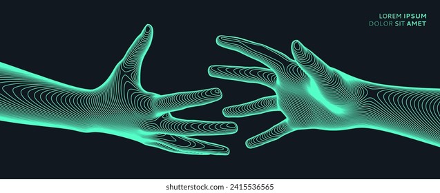 Hands reaching towards each other. Concept of human relation, togetherness or  partnership. 3D vector illustration. Can be used for advertising, marketing or presentation.