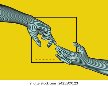 Hands reaching towards each other. Concept of human relation, togetherness or  partnership. 3D vector illustration. Can be used for advertising, marketing or presentation.