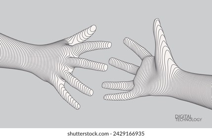 Hands reaching towards each other. The concept of mutual aid. 3D vector illustration. Can be used for advertising, marketing or presentation.