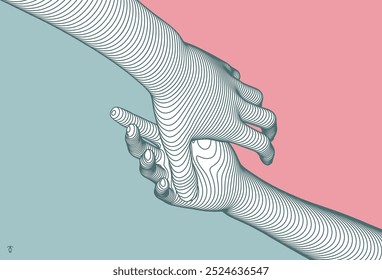 Hands reaching towards each other. Concept of human relation, togetherness or  partnership. 3D vector illustration. Can be used for advertising, marketing or presentation.