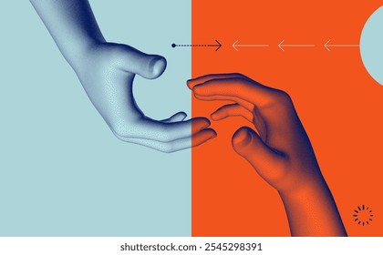 Hands reaching towards each other. Concept of human relation, togetherness or  partnership. 3D vector illustration. Can be used for advertising, marketing or presentation.