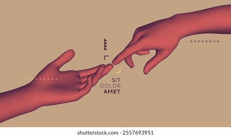 Hands reaching towards each other. Concept of human relation, togetherness or  partnership. 3D vector illustration. Design for banner, flyer, poster, cover or brochure.