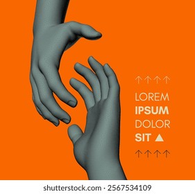 Hands reaching towards each other. Concept of human relation, togetherness or  partnership. 3D vector illustration. Can be used for advertising, marketing or presentation.
