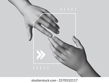 Hands reaching towards each other. Concept of human relation, togetherness or  partnership. 3D vector illustration. Can be used for advertising, marketing or presentation.