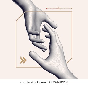 Hands reaching towards each other. Concept of human relation, togetherness or  partnership. 3D vector illustration. Can be used for advertising, marketing or presentation.