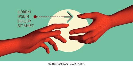 Hands reaching towards each other. Concept of human relation, togetherness or  partnership. 3D vector illustration. Design for banner, flyer, poster, cover or brochure.