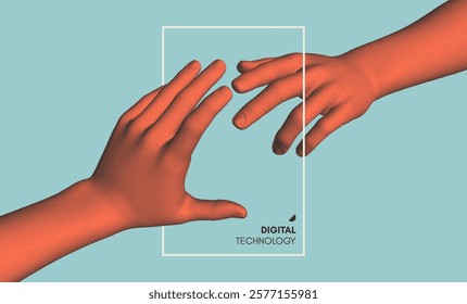 Hands reaching towards each other. Concept of human relation, togetherness or  partnership. 3D vector illustration. Can be used for advertising, marketing or presentation.