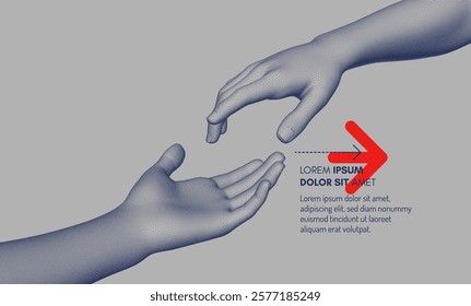 Hands reaching towards each other. Concept of human relation, togetherness or  partnership. 3D vector illustration. Can be used for advertising, marketing or presentation.