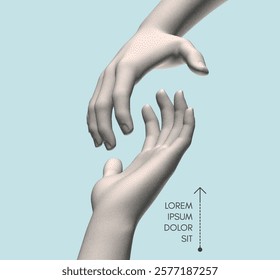 Hands reaching towards each other. Concept of human relation, togetherness or  partnership. 3D vector illustration. Can be used for advertising, marketing or presentation.