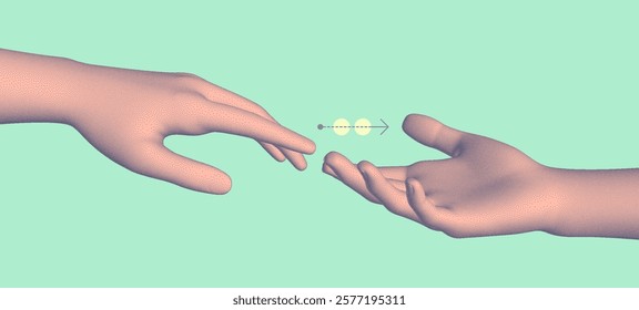 Hands reaching towards each other. Concept of human relation, togetherness or  partnership. 3D vector illustration. Design for banner, flyer, poster, cover or brochure.