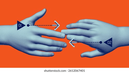 Hands reaching towards each other. Concept of human relation, togetherness or  partnership. 3D vector illustration. Can be used for advertising, marketing or presentation.