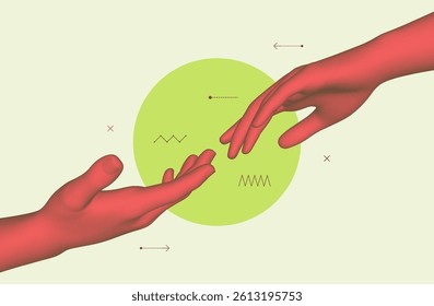Hands reaching towards each other. Concept of human relation, togetherness or partnership. 3D vector illustration. Can be used for advertising, marketing or presentation.