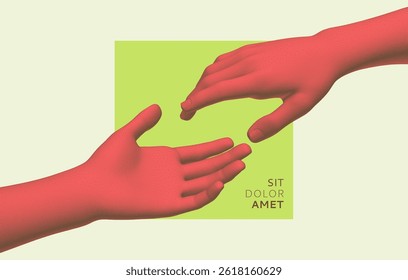 Hands reaching towards each other. Concept of human relation, togetherness or partnership. 3D vector illustration. Can be used for advertising, marketing or presentation.