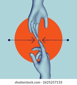 Hands reaching towards each other. Concept of human relation, togetherness or  partnership. 3D vector illustration. Design for banner, flyer, poster, cover or brochure.