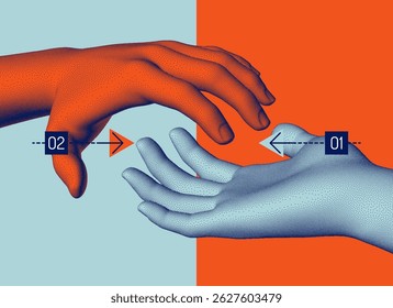 Hands reaching towards each other. Concept of human relation, togetherness or  partnership. 3D vector illustration. Can be used for advertising, marketing or presentation.
