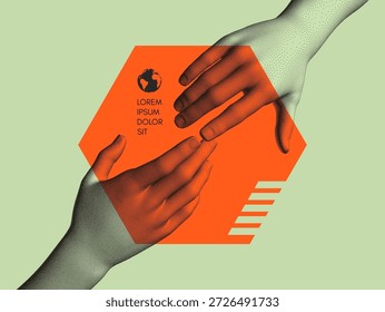 Manos que se acercan entre sí. Concepto de relación humana, unión o asociación. Ilustración vectorial 3D. Diseño para Anuncio, flyer, póster, portada o folleto.