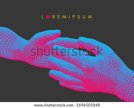 Hands reaching towards each other. Concept of human relation, togetherness or  partnership. Connection structure. 3D vector illustration.