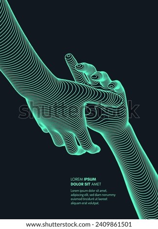 Hands reaching towards each other. Concept of human relation, togetherness or  partnership. 3D vector illustration. Can be used for advertising, marketing or presentation.