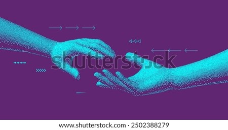 Hands reaching towards each other. Concept of human relation, togetherness or  partnership. 3D vector illustration. Can be used for advertising, marketing or presentation.
