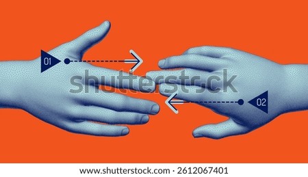 Hands reaching towards each other. Concept of human relation, togetherness or  partnership. 3D vector illustration. Can be used for advertising, marketing or presentation.