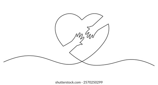 Hands reaching towards a heart lines symbolize connection and warmth,care, minimal design in cute vector style for Valentine's Day,romance,affection and love concepts,isolated icon on white background