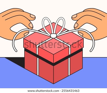 Hands reaching and unboxing gift box cartoon retro hand drawn illustration vector design