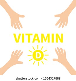 Hands reaching to Vitamin D sun shape capsule pill icon. Yellow color. Healthy lifestyle diet concept. Fish oil supplements. Flat design. White background. Isolated. Vector illustration.