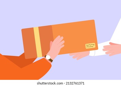 Hands received parcel. Givebox delivery to address, box package ecommerce received post, courier job or shipping mail, flat vector illustration. Parcel box delivery, package shipping