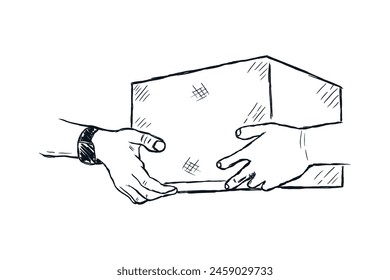 Hands receiving box package from delivery service courier, hand drawn line sketch vector illustration