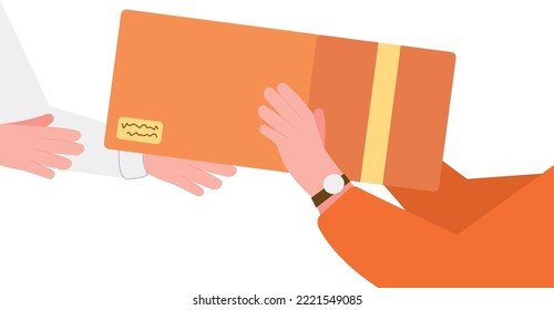Hands receiving cardboard box. Delivery parcel to customer isolated on white background