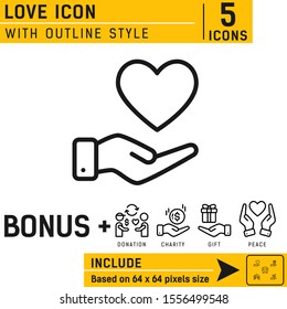 Hands receiving heart vector icon with line style isolated on white background. Accepting love, help, kindness and donation vector flat outline illustration.  Symbolizes donation, charity and peace