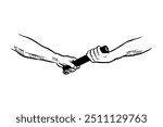 Hands receiving a relay baton, hand drawn line sketch vector illustration