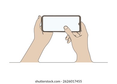 Video Manos grabando en el Vector de contorno continuo del teléfono inteligente. Sosteniendo el dibujo del arte de la línea del smartphone	