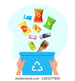 Hands with recycle bin and falling packages vector illustration. Cartoon drawing of ecology activist recycling garbage. Sustainability, recycling, ecology, zero waste, sustainability concept