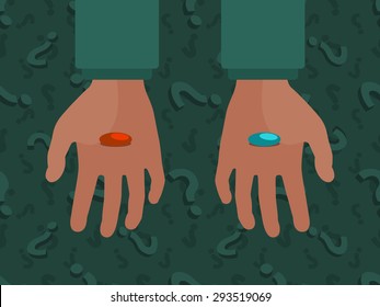 Hands with the red and blue pills against the question mark background. Conceptual illustration suitable for advertising and promotion