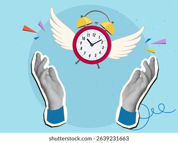 Hands with a red classic alarm clock flying on wings. Modern collage style. Vector illustration