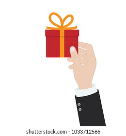 Hände mit rotem Geschenkbox mit undurchsichtiger Schleife. Vektorgrafik auf grünem Hintergrund