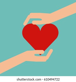 hands with red heart icon over turquoise background. colorful design. vector illustration