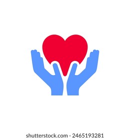 Hands with red heart icon or Valentines day symbol, holiday sign designed for celebration, vector trendy modern style.
