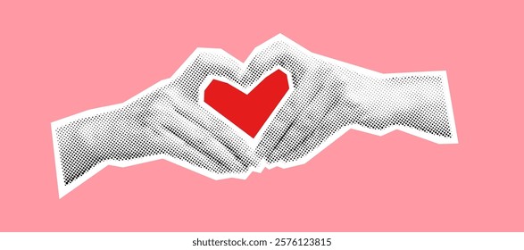 Hands with red heart shape halftone collage vector illustration. Expressing deep feelings of affection in relationships on pink background