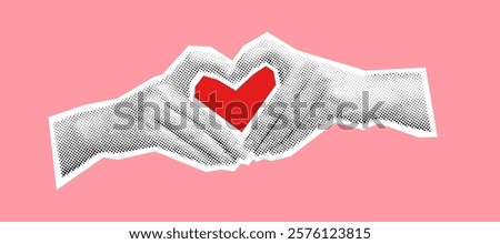 Hands with red heart shape halftone collage vector illustration. Expressing deep feelings of affection in relationships on pink background