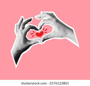 Hands with red heart symbol halftone collage vector illustration. Romantic relationship and kindness expression in body language on pink background