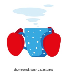 Hands in red mittens and a cup of hot drink. Winter vector illustration.