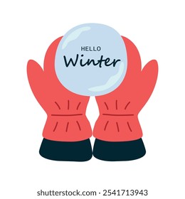 Hands in red mittens holds snowball. Hello Winter. Vector, white background