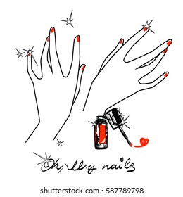 Hands and red nails. Nail polish vector picture isolated.