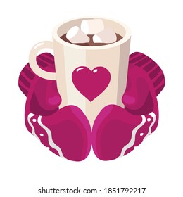 Hands in red patterned mittens hold a hot coffee Cup with marshmallows. Vector, white background, isolated.